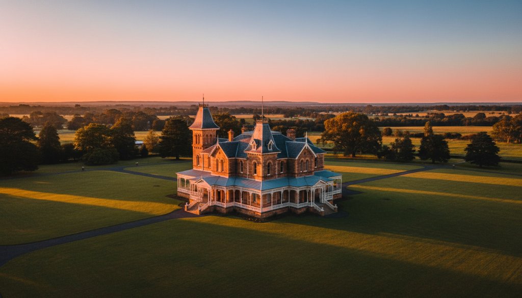 An aerial, golden hour view of a beautifully restored heritage building in Epsom, Victoria, bathed in warm light, highlighting intricate Victorian architectural details, captured with a dramatic wide-angle lens, perfect for an Epsom Victoria architectural photography showcase portfolio hero shot.