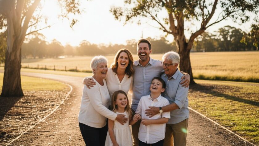 A heartwarming candid moment captured in Epsom, Victoria, featuring a family laughing joyfully in a sun-drenched park, showcasing Epsom Victoria authentic candid family photography with dramatic golden hour lighting and professional colour grading.