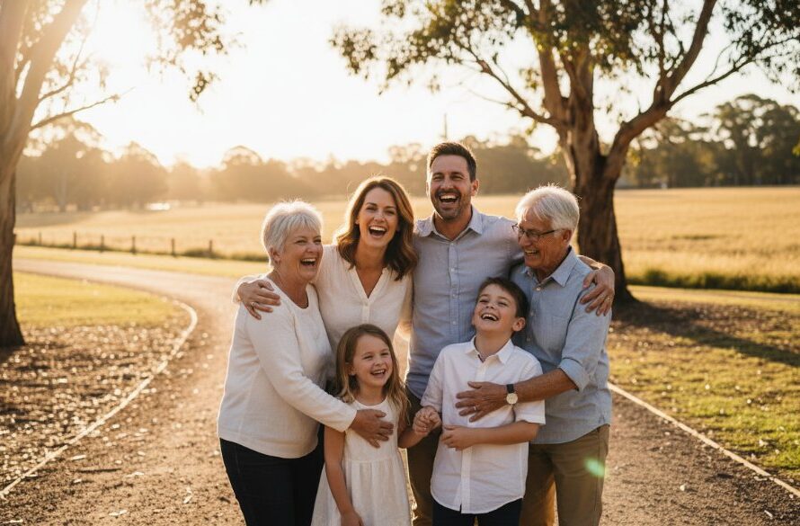 A heartwarming candid moment captured in Epsom, Victoria, featuring a family laughing joyfully in a sun-drenched park, showcasing Epsom Victoria authentic candid family photography with dramatic golden hour lighting and professional colour grading.
