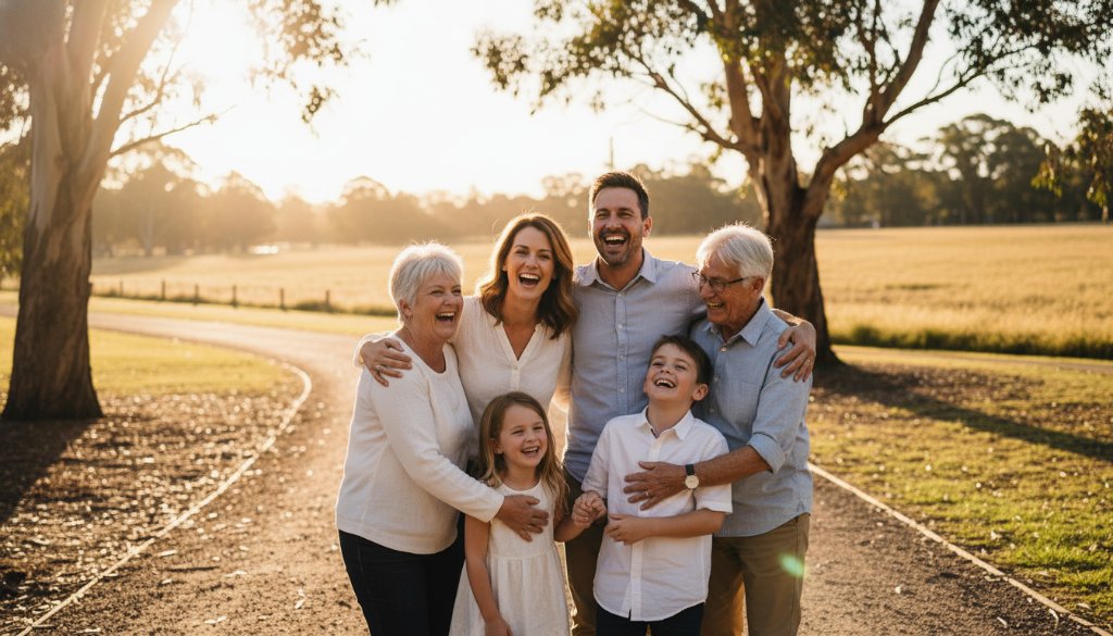 A heartwarming candid moment captured in Epsom, Victoria, featuring a family laughing joyfully in a sun-drenched park, showcasing Epsom Victoria authentic candid family photography with dramatic golden hour lighting and professional colour grading.