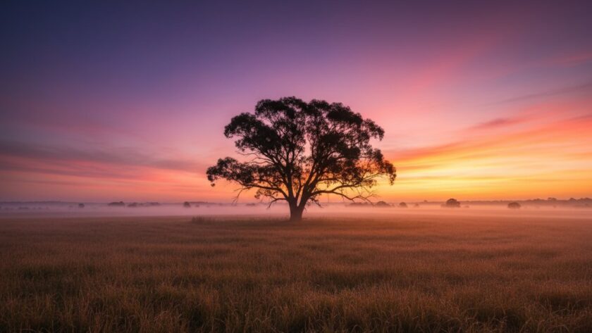 A breathtaking, dramatically lit fine art landscape photograph showcasing the unique beauty of Epsom Victoria, capturing an epic sunset over rolling fields with a lone, silhouetted gum tree, embodying bespoke fine art photography experiences.