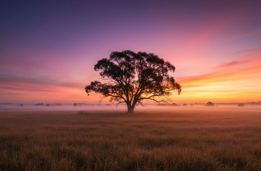 A breathtaking, dramatically lit fine art landscape photograph showcasing the unique beauty of Epsom Victoria, capturing an epic sunset over rolling fields with a lone, silhouetted gum tree, embodying bespoke fine art photography experiences.