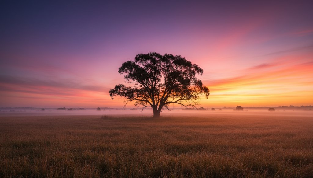 A breathtaking, dramatically lit fine art landscape photograph showcasing the unique beauty of Epsom Victoria, capturing an epic sunset over rolling fields with a lone, silhouetted gum tree, embodying bespoke fine art photography experiences.