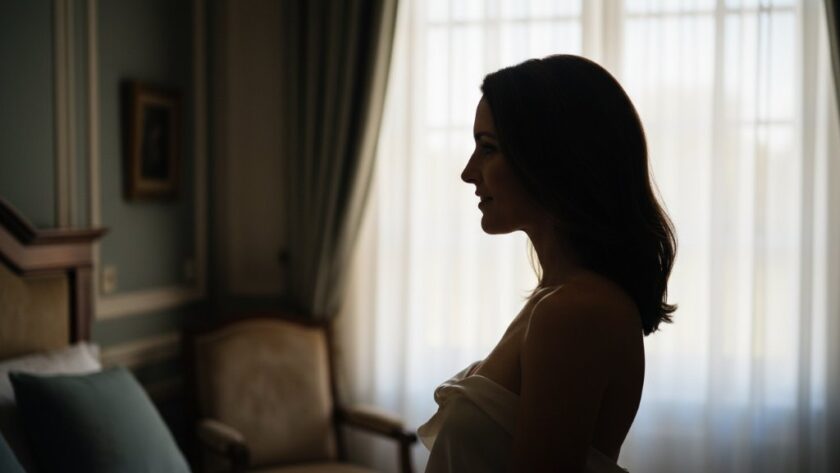 An exquisite and empowering Epsom Victoria boudoir photography portrait of a woman bathed in soft, ethereal light, draped in sheer fabric, exuding confidence and grace in a luxuriously styled setting, captured with dramatic lighting and professional colour grading.