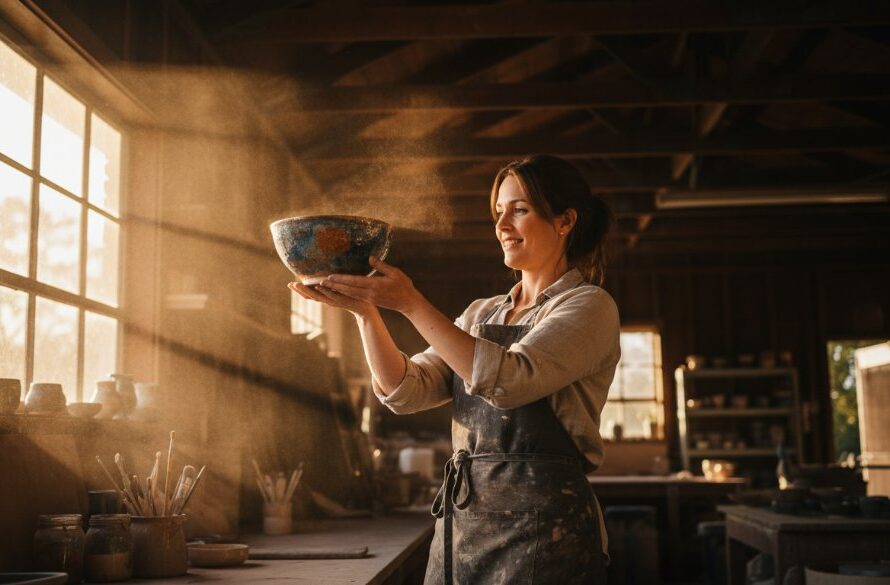 Dynamic wide-angle shot featuring a local café owner in Epsom, Victoria, proudly presenting a beautifully crafted latte, surrounded by soft morning light filtering through the windows, embodying professional commercial photography for local business growth. The image captures the vibrant, welcoming atmosphere of an Epsom small business, showcasing quality and community connection.