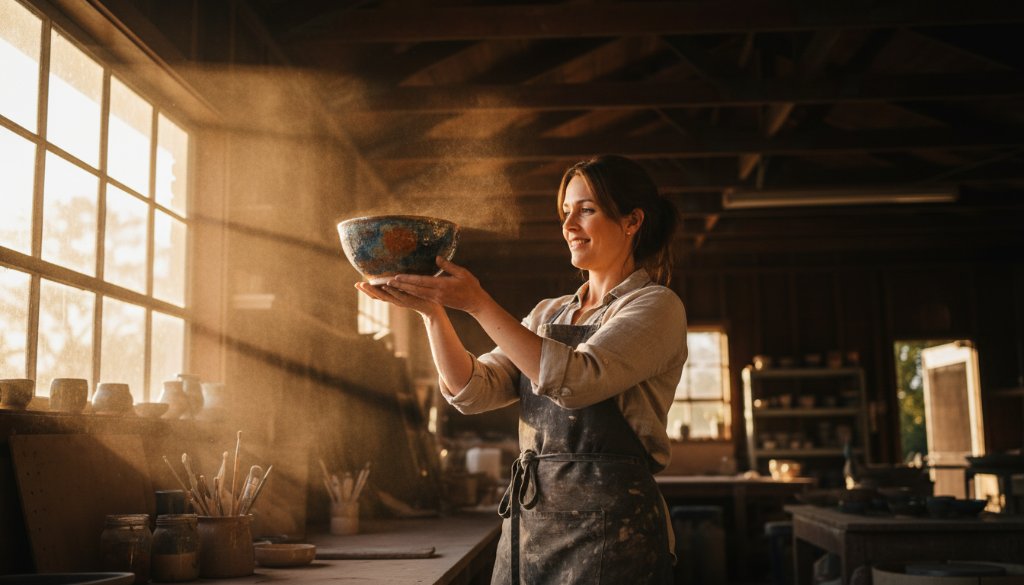 Dynamic wide-angle shot featuring a local café owner in Epsom, Victoria, proudly presenting a beautifully crafted latte, surrounded by soft morning light filtering through the windows, embodying professional commercial photography for local business growth. The image captures the vibrant, welcoming atmosphere of an Epsom small business, showcasing quality and community connection.