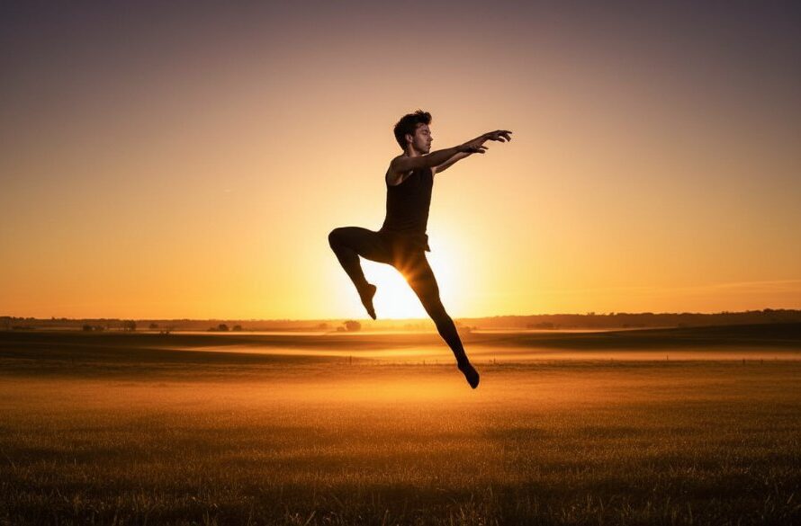 A male contemporary dancer mid-air, silhouetted against a golden Epsom sunset, performing an elegant leap. This Epsom Victoria Dance Photography Capturing Grace image captures the dramatic beauty and passion of movement, professionally lit and colour graded.