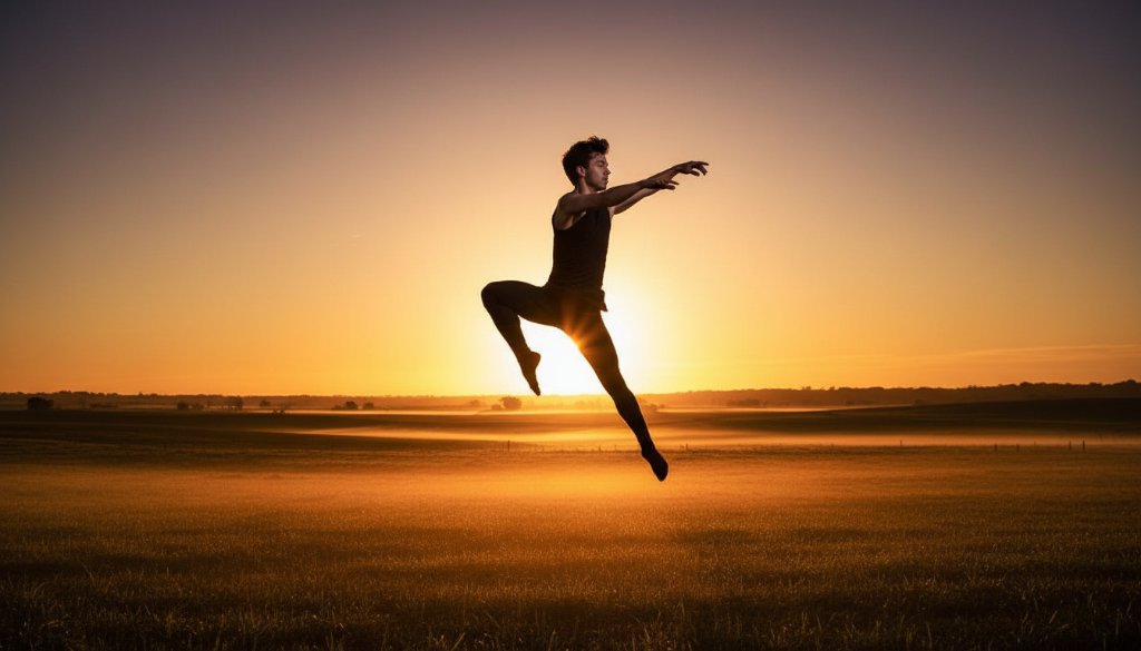 A male contemporary dancer mid-air, silhouetted against a golden Epsom sunset, performing an elegant leap. This Epsom Victoria Dance Photography Capturing Grace image captures the dramatic beauty and passion of movement, professionally lit and colour graded.