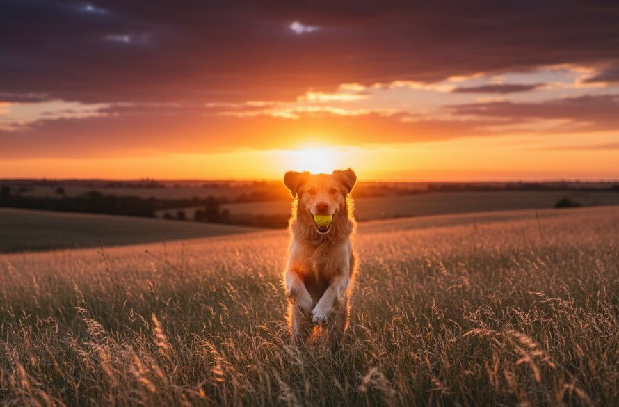 A golden retriever joyfully leaping through tall, sun-kissed grass in a rural Epsom Victoria landscape, its fur backlit by golden hour light, perfectly capturing candid joy in an epic moment of motion with professional photography.