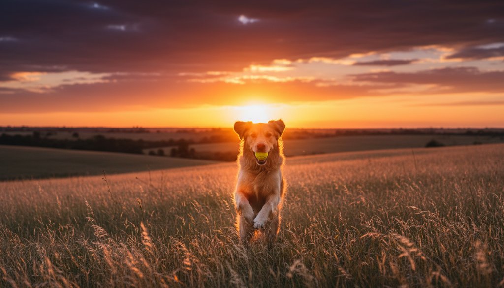 A golden retriever joyfully leaping through tall, sun-kissed grass in a rural Epsom Victoria landscape, its fur backlit by golden hour light, perfectly capturing candid joy in an epic moment of motion with professional photography.