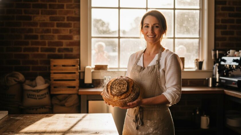 A dramatic and evocative editorial photograph capturing the essence of Epsom Victoria editorial photography, featuring a local artisanal baker proudly presenting a freshly baked sourdough in a rustic, sun-drenched cafe interior with dramatic backlighting and a shallow depth of field, showcasing the texture and warmth, professionally colour-graded.