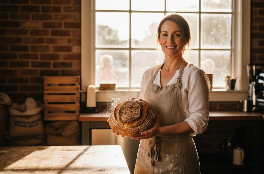 A dramatic and evocative editorial photograph capturing the essence of Epsom Victoria editorial photography, featuring a local artisanal baker proudly presenting a freshly baked sourdough in a rustic, sun-drenched cafe interior with dramatic backlighting and a shallow depth of field, showcasing the texture and warmth, professionally colour-graded.