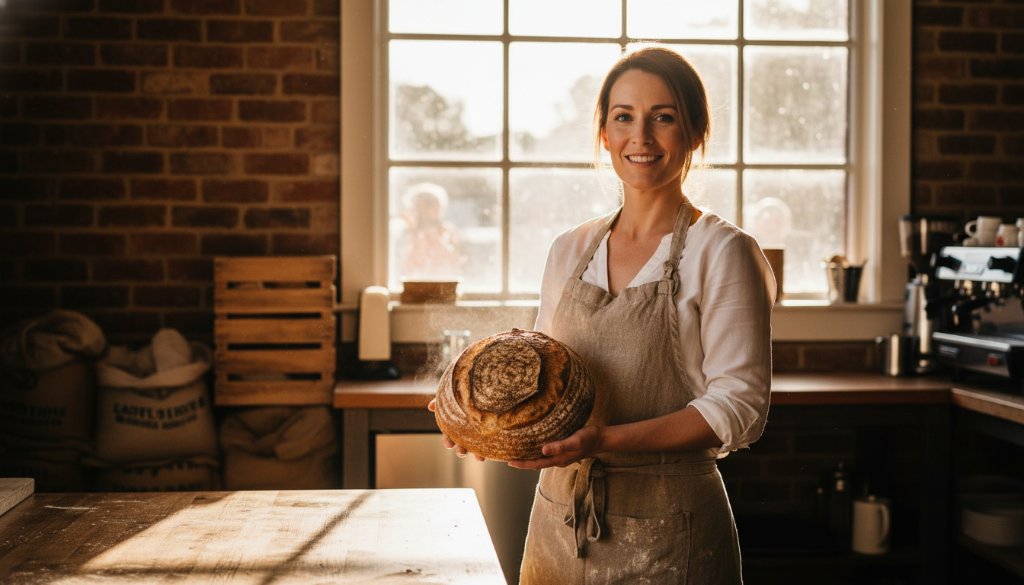 A dramatic and evocative editorial photograph capturing the essence of Epsom Victoria editorial photography, featuring a local artisanal baker proudly presenting a freshly baked sourdough in a rustic, sun-drenched cafe interior with dramatic backlighting and a shallow depth of field, showcasing the texture and warmth, professionally colour-graded.