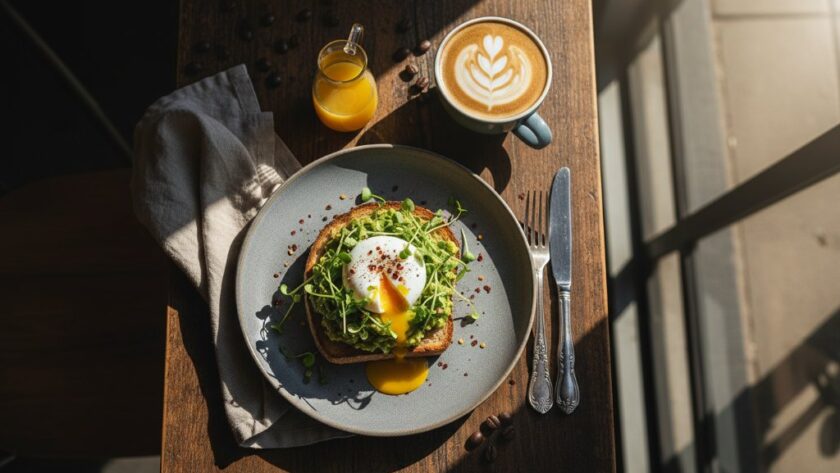 Dramatic overhead shot capturing a vibrant, rustic charcuterie board with fresh produce and artisan bread on a wooden table inside a sunlit Epsom Victoria artisanal cafe, highlighting the exquisite details for an Epsom Victoria food photography for artisanal cafes portfolio.