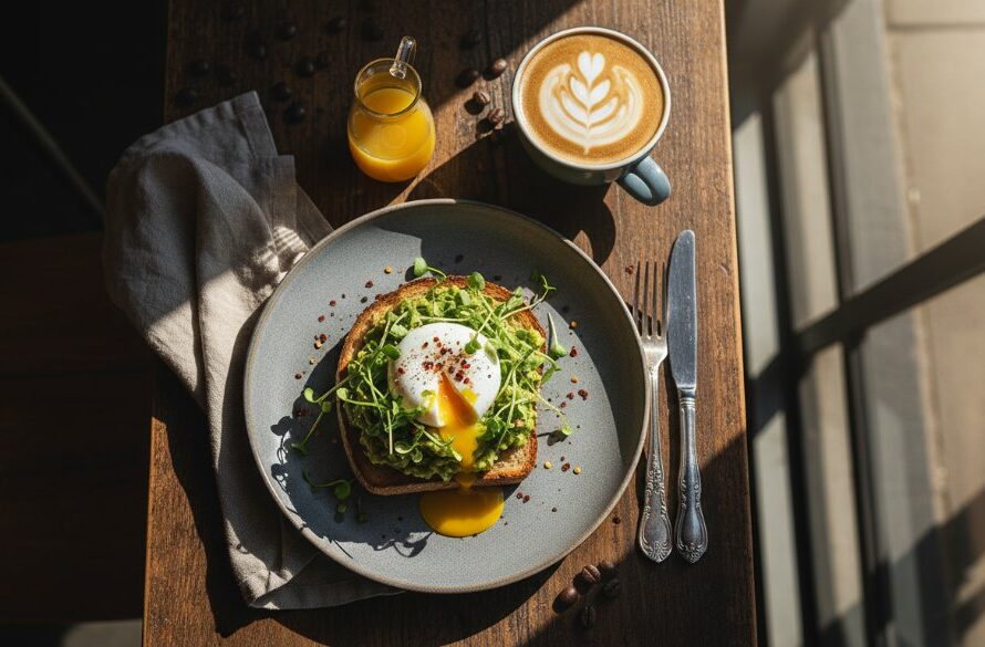 Dramatic overhead shot capturing a vibrant, rustic charcuterie board with fresh produce and artisan bread on a wooden table inside a sunlit Epsom Victoria artisanal cafe, highlighting the exquisite details for an Epsom Victoria food photography for artisanal cafes portfolio.