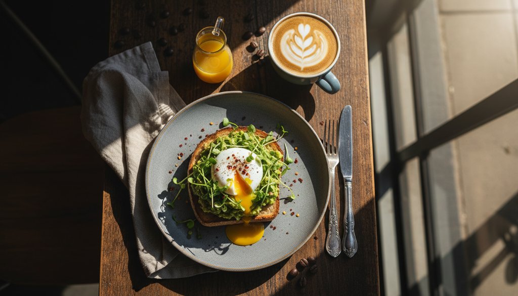 Dramatic overhead shot capturing a vibrant, rustic charcuterie board with fresh produce and artisan bread on a wooden table inside a sunlit Epsom Victoria artisanal cafe, highlighting the exquisite details for an Epsom Victoria food photography for artisanal cafes portfolio.