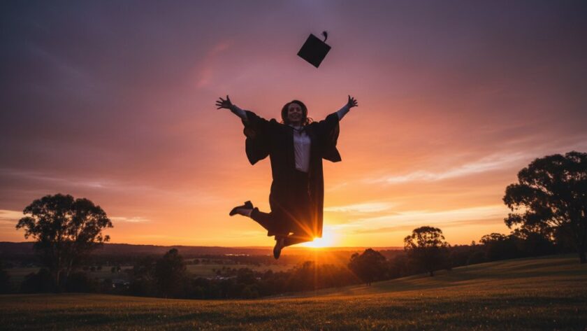 A graduate in their cap and gown joyfully tossing their mortarboard against a vibrant sunset sky over the picturesque landscape near Epsom, Victoria, beautifully capturing their Epsom Victoria Graduation Photo Memories with dramatic lighting and professional depth of field.