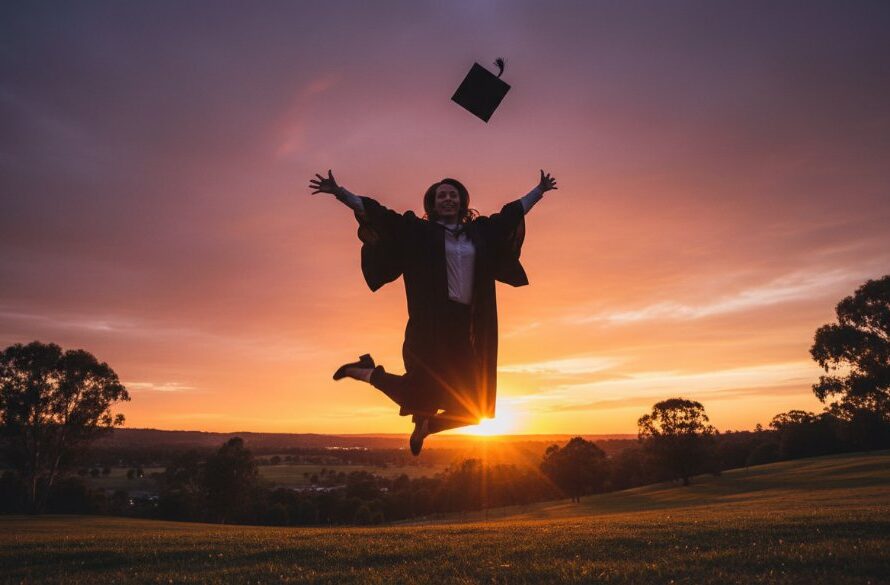 A graduate in their cap and gown joyfully tossing their mortarboard against a vibrant sunset sky over the picturesque landscape near Epsom, Victoria, beautifully capturing their Epsom Victoria Graduation Photo Memories with dramatic lighting and professional depth of field.