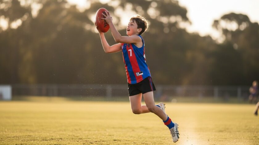 Dynamic close-up of a junior football player in Epsom Victoria mid-kick, ball blurred, opponent in background, under dramatic evening light, showcasing the intensity of Epsom Victoria junior football photography.