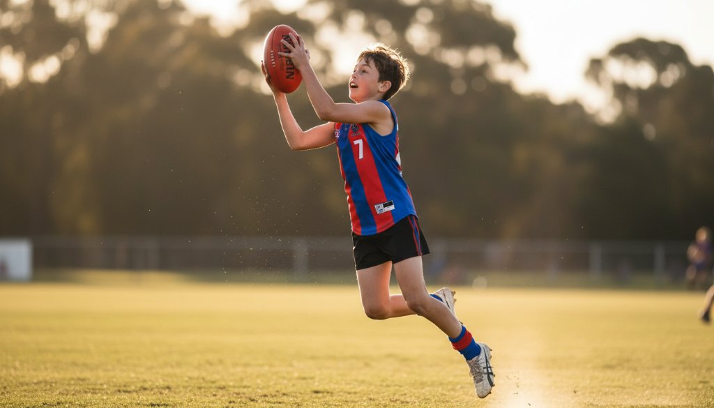 Dynamic close-up of a junior football player in Epsom Victoria mid-kick, ball blurred, opponent in background, under dramatic evening light, showcasing the intensity of Epsom Victoria junior football photography.