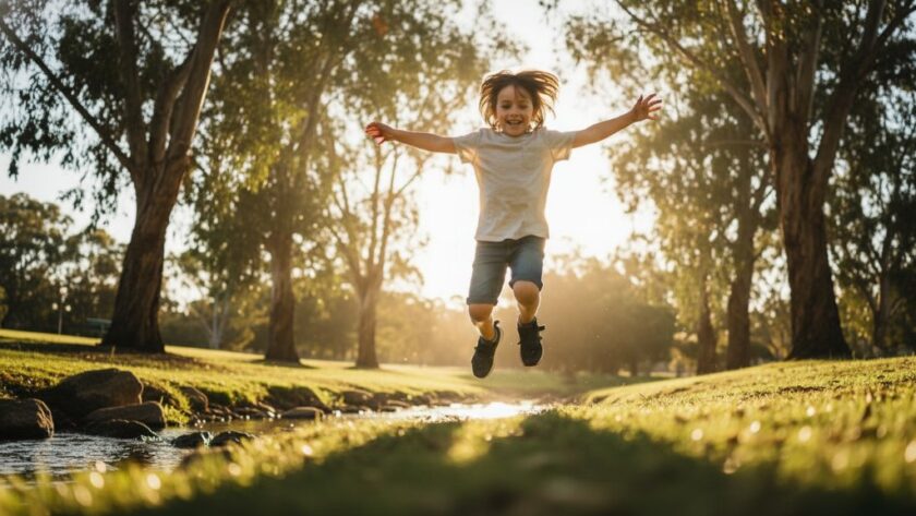 An epic moment of a child laughing joyfully while running through a sun-dappled field in Epsom, Victoria, expertly captured through Epsom Victoria kids photography, with golden light backlighting their hair and motion blur suggesting dynamic play.