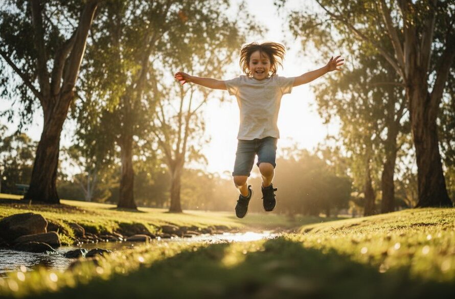 An epic moment of a child laughing joyfully while running through a sun-dappled field in Epsom, Victoria, expertly captured through Epsom Victoria kids photography, with golden light backlighting their hair and motion blur suggesting dynamic play.