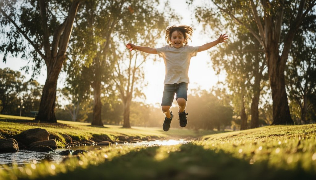 An epic moment of a child laughing joyfully while running through a sun-dappled field in Epsom, Victoria, expertly captured through Epsom Victoria kids photography, with golden light backlighting their hair and motion blur suggesting dynamic play.