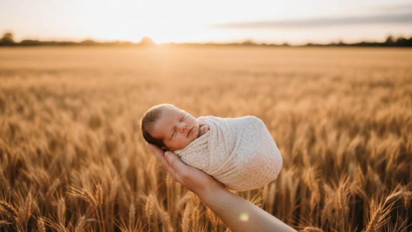 A serene wide shot of a baby swaddled in soft white fabric, gently held in a parent's arms against the backdrop of a golden Epsom Victoria newborn photography outdoor sunset. The setting sun casts a warm, ethereal glow over the scene, highlighting the delicate features of the newborn and the loving connection, captured with a professional, cinematic lens.
