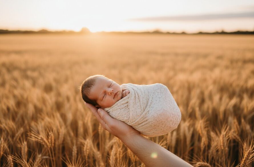 A serene wide shot of a baby swaddled in soft white fabric, gently held in a parent's arms against the backdrop of a golden Epsom Victoria newborn photography outdoor sunset. The setting sun casts a warm, ethereal glow over the scene, highlighting the delicate features of the newborn and the loving connection, captured with a professional, cinematic lens.