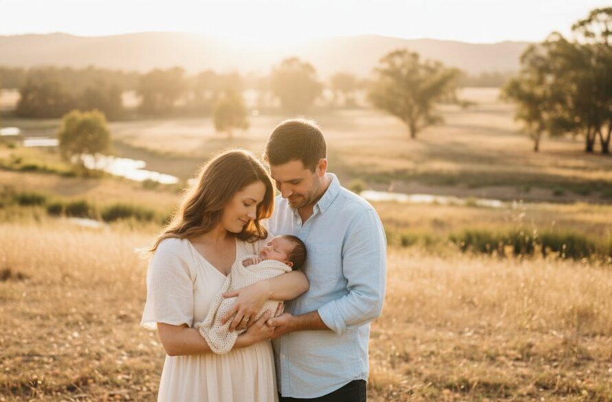 An emotionally resonant, wide-angle shot capturing an Epsom Victoria outdoor newborn photography family portraits session at sunset. A young couple gently cradles their sleeping newborn against a soft, sun-drenched rural landscape, possibly near the Bendigo Creek. Golden hour light creates a dramatic halo around them, with warm, diffused tones. The family is in the foreground, sharp and in focus, with the serene Epsom environment softly blurred in the background, conveying peace and new beginnings. Professional, color-graded cinematic style.