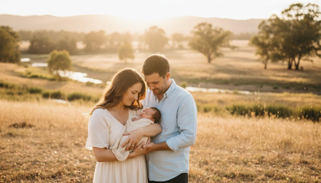 An emotionally resonant, wide-angle shot capturing an Epsom Victoria outdoor newborn photography family portraits session at sunset. A young couple gently cradles their sleeping newborn against a soft, sun-drenched rural landscape, possibly near the Bendigo Creek. Golden hour light creates a dramatic halo around them, with warm, diffused tones. The family is in the foreground, sharp and in focus, with the serene Epsom environment softly blurred in the background, conveying peace and new beginnings. Professional, color-graded cinematic style.