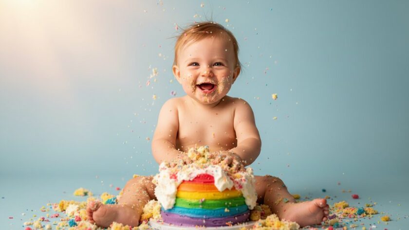 Epic moment of a baby joyfully smashing a colourful cake during an Epsom Victoria playful first birthday cake smash photography session, with dramatic backlighting and glitter in a professional studio setting.
