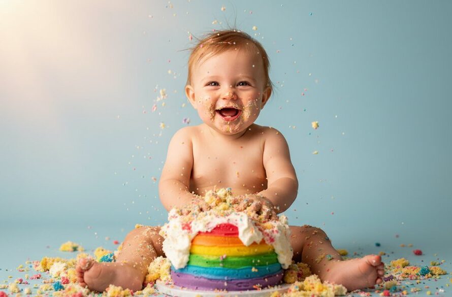 Epic moment of a baby joyfully smashing a colourful cake during an Epsom Victoria playful first birthday cake smash photography session, with dramatic backlighting and glitter in a professional studio setting.