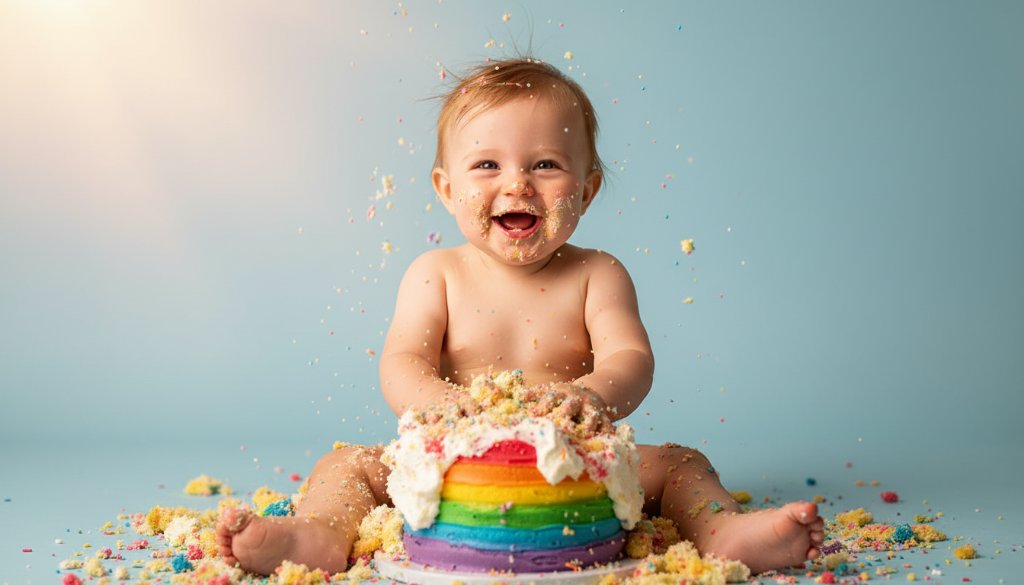 Epic moment of a baby joyfully smashing a colourful cake during an Epsom Victoria playful first birthday cake smash photography session, with dramatic backlighting and glitter in a professional studio setting.