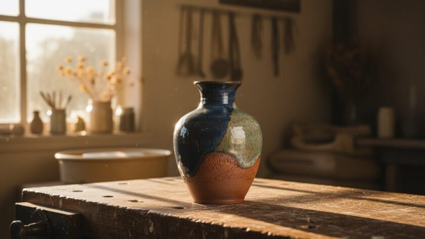 An epic moment captured in Epsom Victoria, showcasing professional product photography for artisan craft businesses; a handcrafted ceramic vase dramatically lit against a rustic, sun-drenched workshop backdrop, highlighting intricate details and texture.