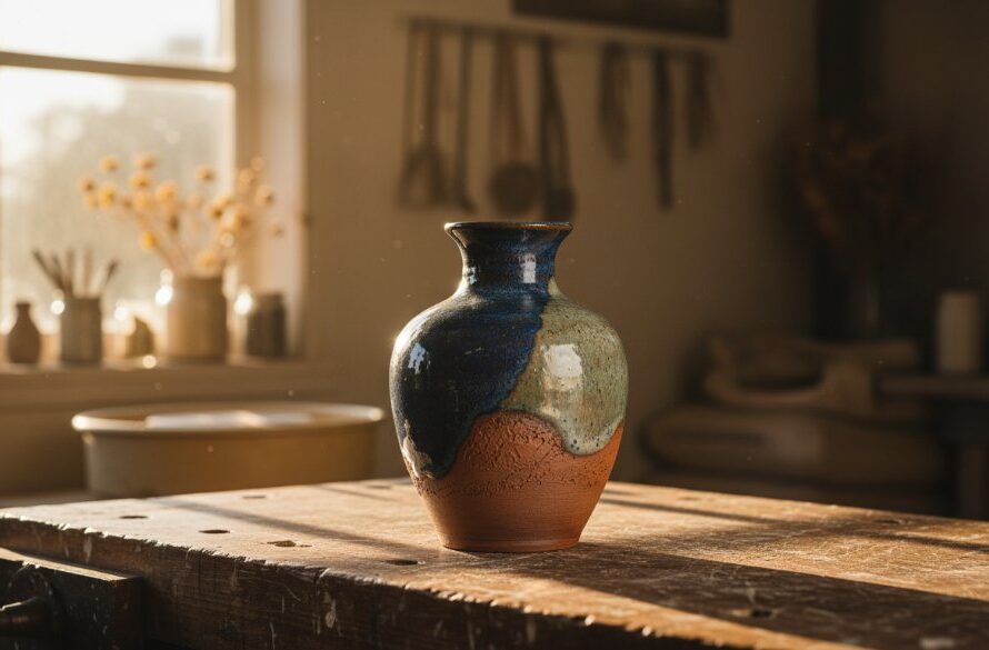 An epic moment captured in Epsom Victoria, showcasing professional product photography for artisan craft businesses; a handcrafted ceramic vase dramatically lit against a rustic, sun-drenched workshop backdrop, highlighting intricate details and texture.