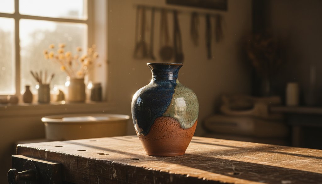 An epic moment captured in Epsom Victoria, showcasing professional product photography for artisan craft businesses; a handcrafted ceramic vase dramatically lit against a rustic, sun-drenched workshop backdrop, highlighting intricate details and texture.