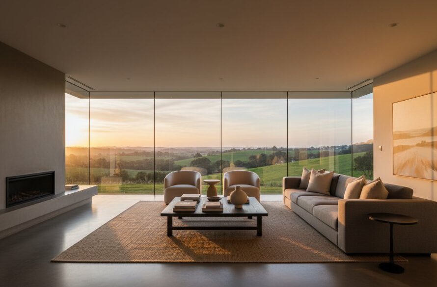 Dramatic wide-angle shot showcasing a luxurious living room with sweeping views of the lush, green Epsom landscape at sunset, emphasizing the quality of Epsom Victoria Real Estate Photography to Attract Premium Buyers.