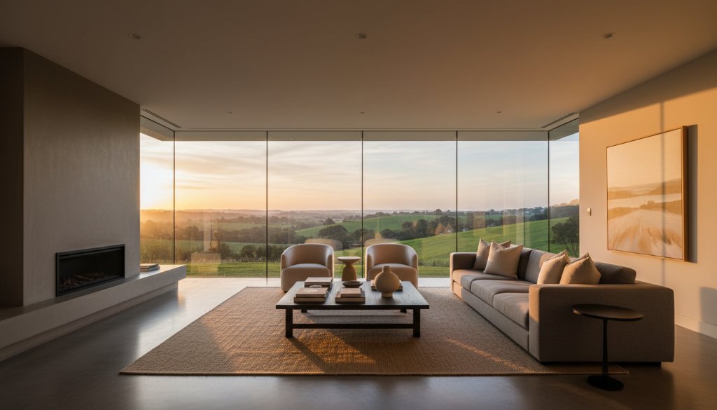 Dramatic wide-angle shot showcasing a luxurious living room with sweeping views of the lush, green Epsom landscape at sunset, emphasizing the quality of Epsom Victoria Real Estate Photography to Attract Premium Buyers.