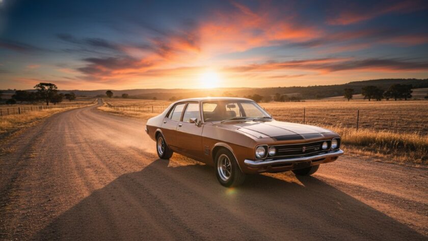 An epic moment of a perfectly restored vintage muscle car gleaming under golden hour light on a dusty rural road in Epsom, Victoria, expertly captured with professional Epsom Victoria rural automotive photography techniques, evoking a sense of nostalgic power and freedom.