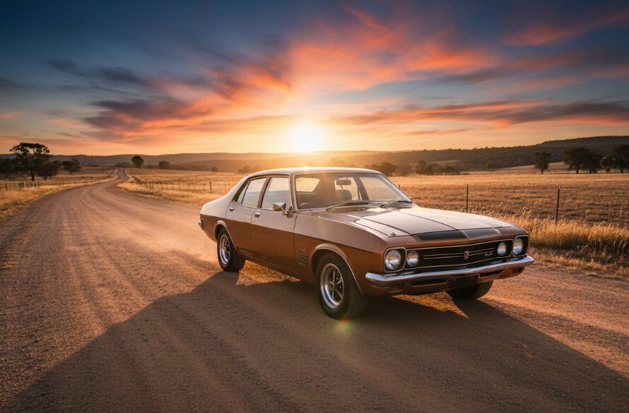 An epic moment of a perfectly restored vintage muscle car gleaming under golden hour light on a dusty rural road in Epsom, Victoria, expertly captured with professional Epsom Victoria rural automotive photography techniques, evoking a sense of nostalgic power and freedom.