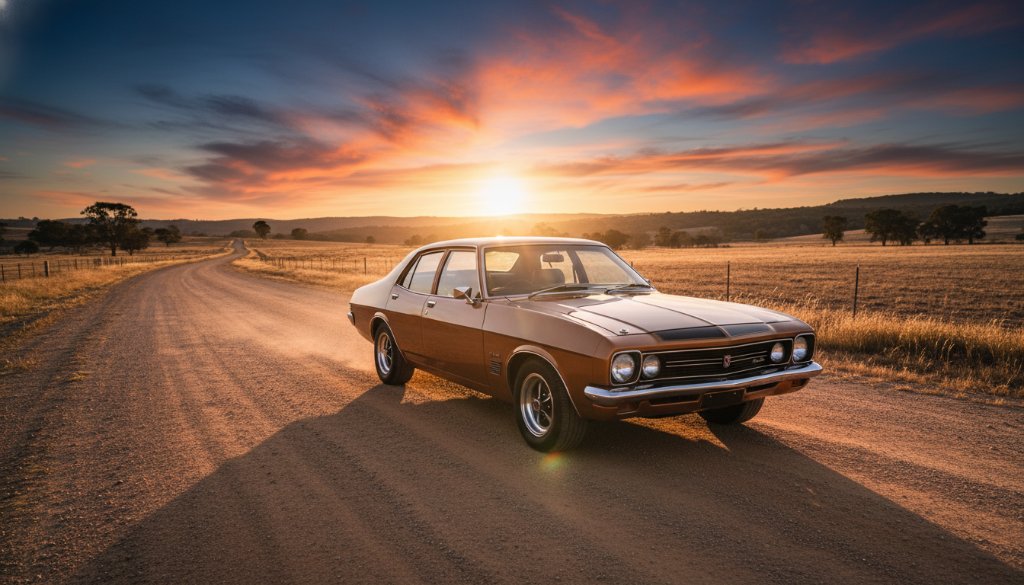 An epic moment of a perfectly restored vintage muscle car gleaming under golden hour light on a dusty rural road in Epsom, Victoria, expertly captured with professional Epsom Victoria rural automotive photography techniques, evoking a sense of nostalgic power and freedom.