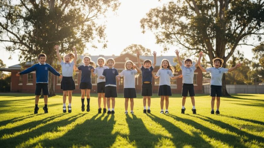 A wide-angle, cinematic photograph capturing authentic Epsom Victoria school photography candid moments, showing a diverse group of primary school children laughing joyfully on a sunny oval, framed by dappled sunlight through eucalyptus trees, with a blurred school building in the background, conveying warmth and genuine connection during an 'epic moment' of play.