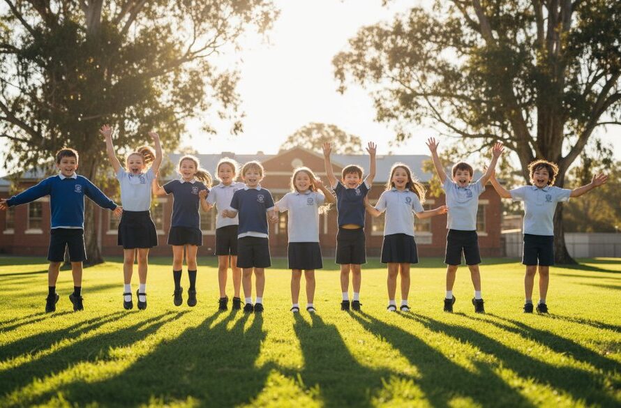 A wide-angle, cinematic photograph capturing authentic Epsom Victoria school photography candid moments, showing a diverse group of primary school children laughing joyfully on a sunny oval, framed by dappled sunlight through eucalyptus trees, with a blurred school building in the background, conveying warmth and genuine connection during an 'epic moment' of play.