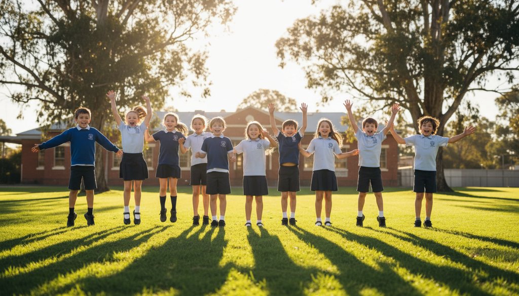 A wide-angle, cinematic photograph capturing authentic Epsom Victoria school photography candid moments, showing a diverse group of primary school children laughing joyfully on a sunny oval, framed by dappled sunlight through eucalyptus trees, with a blurred school building in the background, conveying warmth and genuine connection during an 'epic moment' of play.