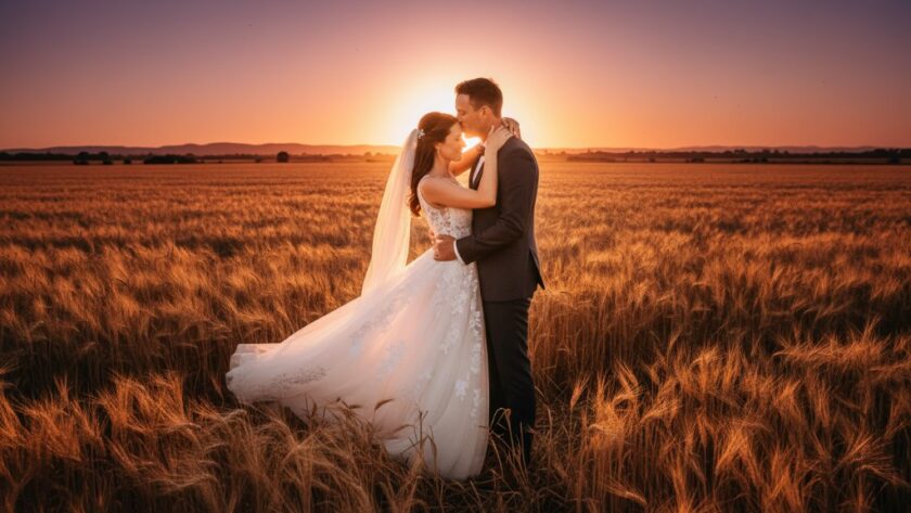 An Epsom Victoria wedding photographer capturing candid joy, showing a couple laughing genuinely during sunset in a golden field, with dramatic backlighting creating a cinematic, romantic atmosphere.