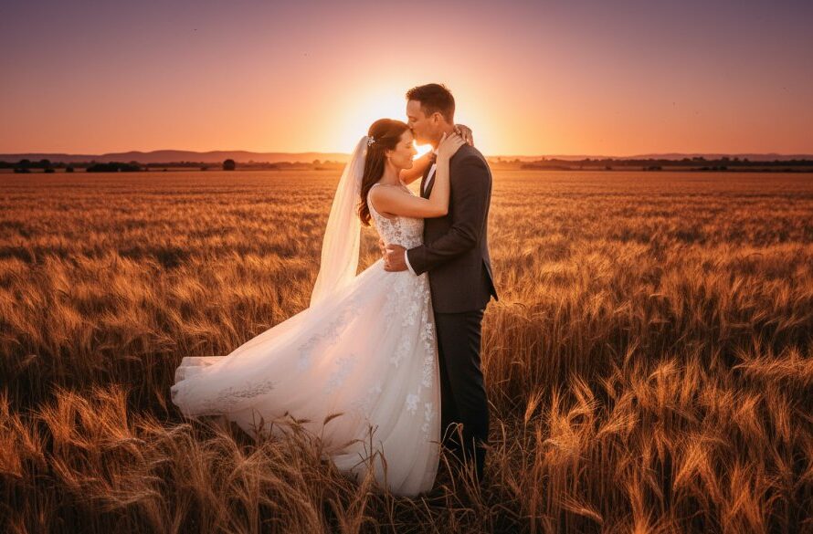 An Epsom Victoria wedding photographer capturing candid joy, showing a couple laughing genuinely during sunset in a golden field, with dramatic backlighting creating a cinematic, romantic atmosphere.