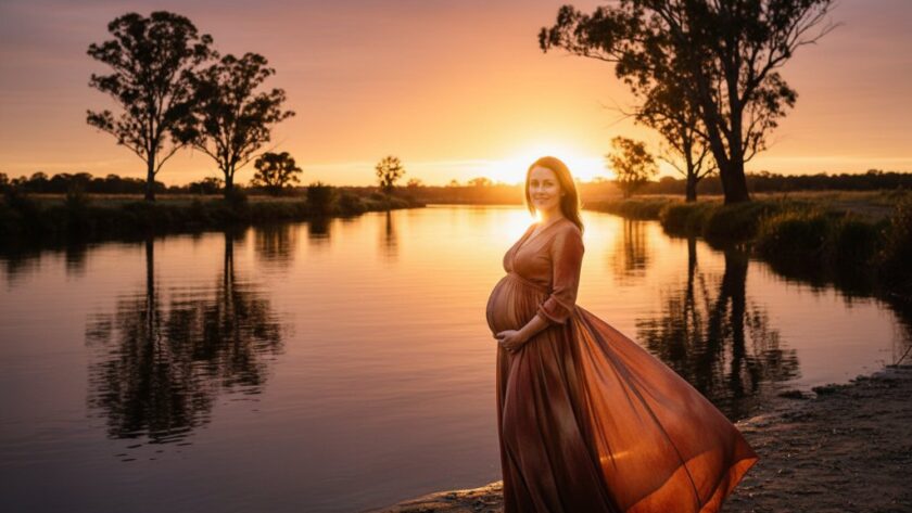 An ethereal Bairnsdale maternity photography experience featuring an expectant mother in a flowing gown, silhouetted against a golden sunset over the Mitchell River, capturing an epic moment of serene anticipation and natural beauty.