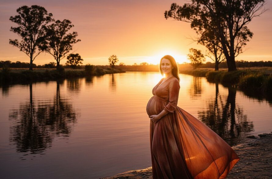 An ethereal Bairnsdale maternity photography experience featuring an expectant mother in a flowing gown, silhouetted against a golden sunset over the Mitchell River, capturing an epic moment of serene anticipation and natural beauty.