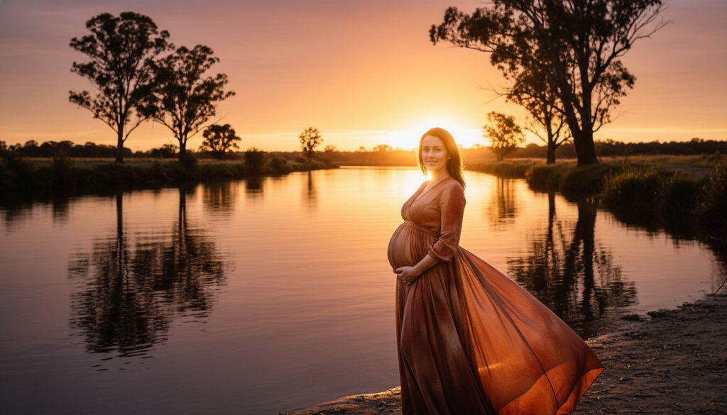 An ethereal Bairnsdale maternity photography experience featuring an expectant mother in a flowing gown, silhouetted against a golden sunset over the Mitchell River, capturing an epic moment of serene anticipation and natural beauty.